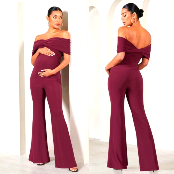 Elisa Burgundy Bardot Flared-Leg Maternity Jumpsuit - Picture 1 of 7
